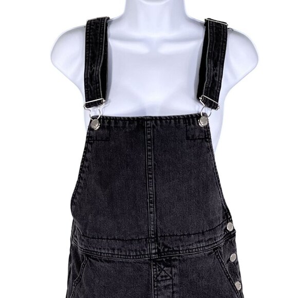 Free People Womens 4 Black Denim Overall Dress Frayed Hem Mini Jumper Grunge - Picture 5 of 15